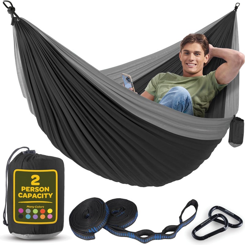 SEWANTA Durable Hammock 500 lb Capacity  Nylon Camping Hammock Chair - Double or Single Sizes w/Tree Straps and Attached Carry Bag - Portable for Travel/Backpacking/Beach/Backyard (Large  Black & Light Grey) - Image 1